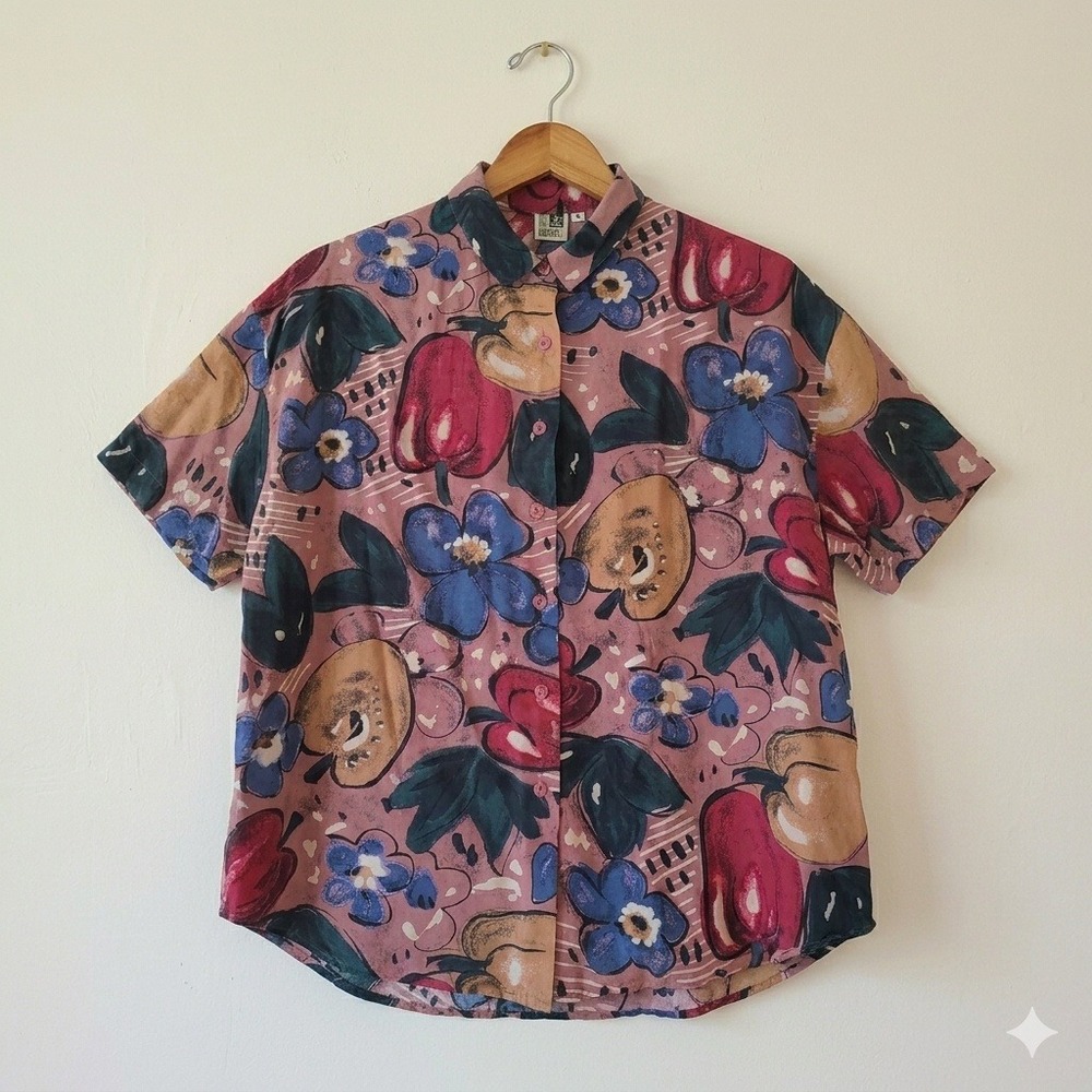 Paul et Duffier Button Up Shirt Womens Large Pink Fruit Floral 100% Silk Vintage